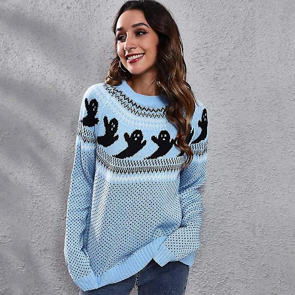 Naisten pitkähihainen neulepusero, väljä malli, syksy- ja talvivaatteet naisille Light blue Xxl (new)