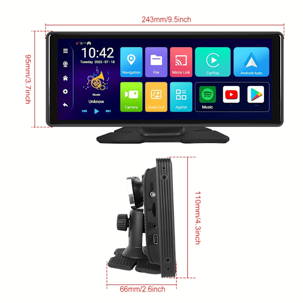 Android-järjestelmälle 10,26\" teräväpiirtonäytöllinen auton videotoistin, tukee Carplayta ja Android Autoa, GPS WIFI -tuki DVR-tallennuksella