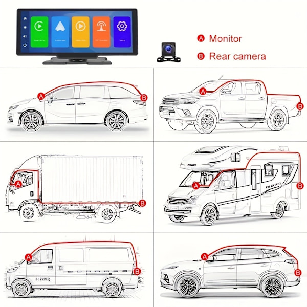 1 stk. 10,26 tommer Bakspejlsskærm til Bil Carplay Android Auto Trådløs Forbindelse Multimedia Videoafspiller GPS Navigation Instrumentbræt