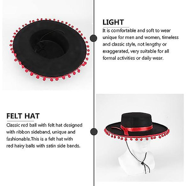 Filt Spansk Hatt, Party Hat Hårband Dans, Fest, Maskeradkraft För Män Kvinnor (svart Röd)