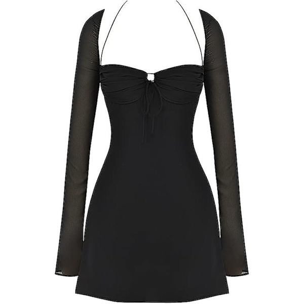 Sexy Low Cut Mesh Langarmet Mini Bodycon Kjole For Kvinner Halter Neck Tie Up Y2k Club Party Night Out Kjoler brown M