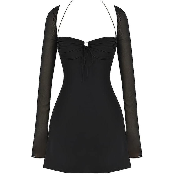Sexy Low Cut Mesh Langærmet Mini Bodycon Kjole Til Kvinder Halter Halsbånd Bind Op Y2k Club Party Aften Ud Kjoler brown S