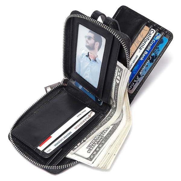 Vintage myntväska RFID-spärrkortsväska för män Kort plånbok med dragkedja i toppskikt av kohud Black