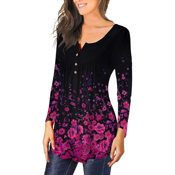 Dame Tunika Topper Ensfarget Plissert V-hals Knapper Bluse Blomstertrykte Damer Purple L