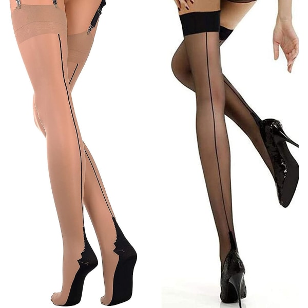 2 paria Stay Up -sukkia takasaumalla, pitsiä ja silkkiä, reisiä myötäilevät sukat naisille, Anti Sex Brown Black