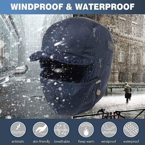 Vandtæt Yetsye Vinter Faux Læder Aviator Pilot Hue Øreklap Jagt Trapper Hat Navy blue