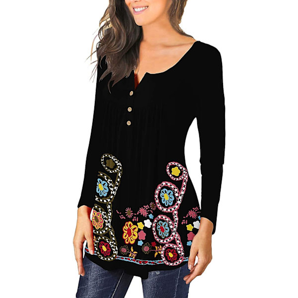 Dame Tunika Topper Ensfarget Plissert V-hals Knapper Bluse Blomstertrykte Damer Tealwhite XL