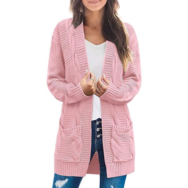 Dam Casual Långärmad Kabel Stickad Cardigan Lös Öppen Front Ytterkläder M