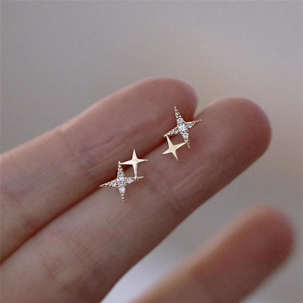 925 sterlingsilver japansk mikroinlägg fyruddig stjärna kristallguld örhängen kvinnor små söta bankettsmycken