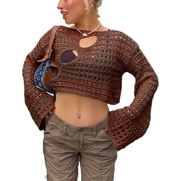 Dam Hollow Out Virkad Stickad Tröja Crop Tops Långärmad Tröja Beskuren Brown L