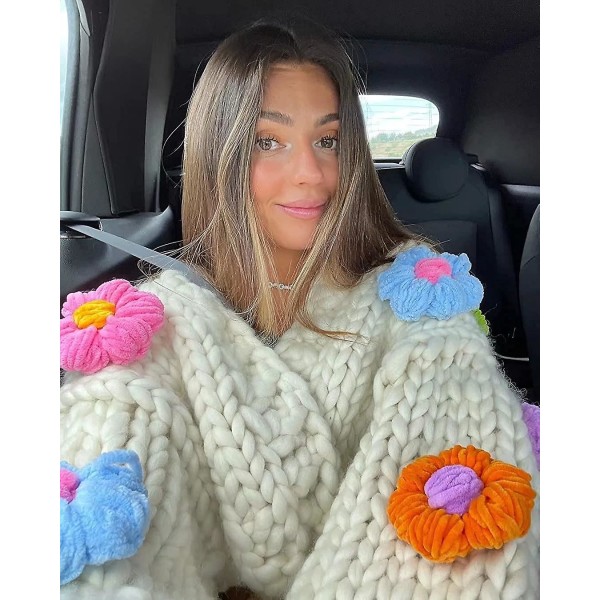 Damer i överdimensionerad lyktärm Blomma Jordgubbskabelstickad Lös mysig koftatröjor med öppen framsida Crop Chunky Knitwear M