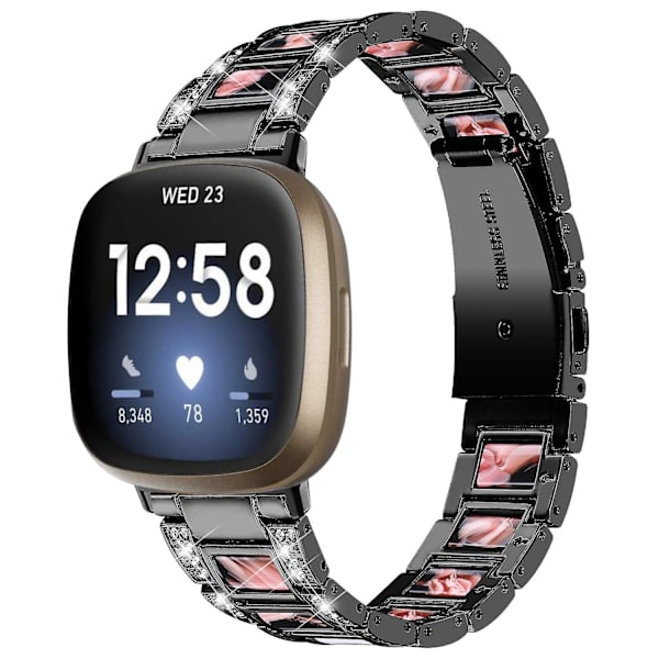 För Fitbit Versa 4/Sense 2 Resin Watch Strap Rostfritt Stål Rhinestone Decor Watch Band Black Black Pink Mix