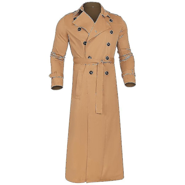 Lang trenchcoat for menn, frakk med jakkeslag, avslappet vinterjakke, ensfarget yttertøy Khaki XXL