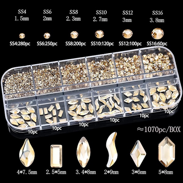 1070 Stycken Champagne Guld Kristaller Nagelkonst Strass Stenar SS4-SS16 Runda Pärlor Platta Bak Slöjor Guld Flera Former Glaskristall för Nagelkonst Hantverk