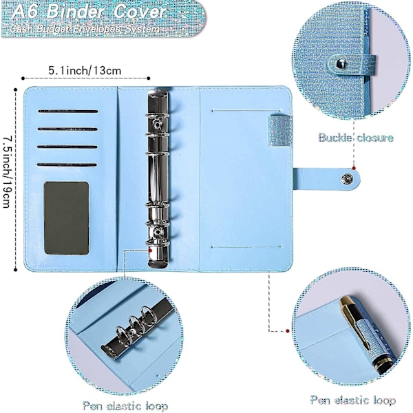 A6 Budget Binder med 12 st dragkedjor kuvert för budgetering, pengar arrangör för kontanter fyllning besparingar bindemedel bok, liten budget planerare plånbok med Bi Cyan