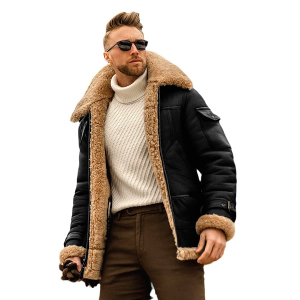 Män Vinter Shearling Jacka Päls Varm Kappa Tjock Läder Bomber Jacka Ytterkläder Hög kvalitet black 3XL