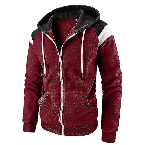 Herre Casual Hættetrøje Kontrastfarve Lynlås Hætte Langærmet Jakke Sportsjakker Overtøj Toppe Wine Red XL