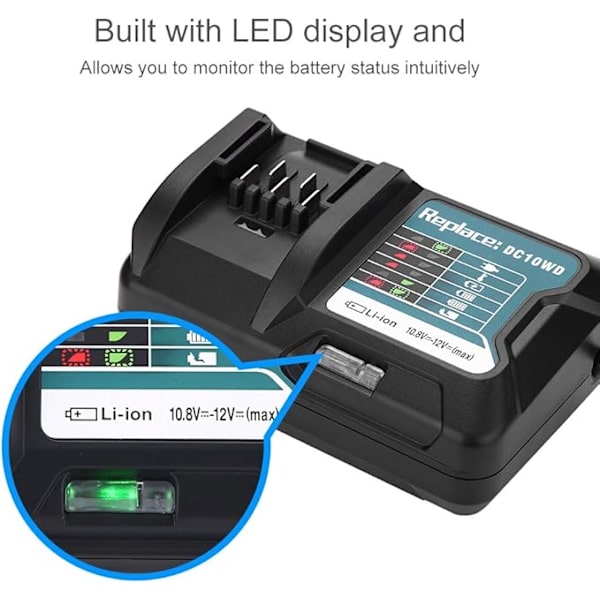 10.8V~12V Lithium Batterioplader til Makita, DC10WD DC10SB DC10WC BL1015 BL1016 BL1021B BL1041B Oplader Udskiftning til Makita Sort