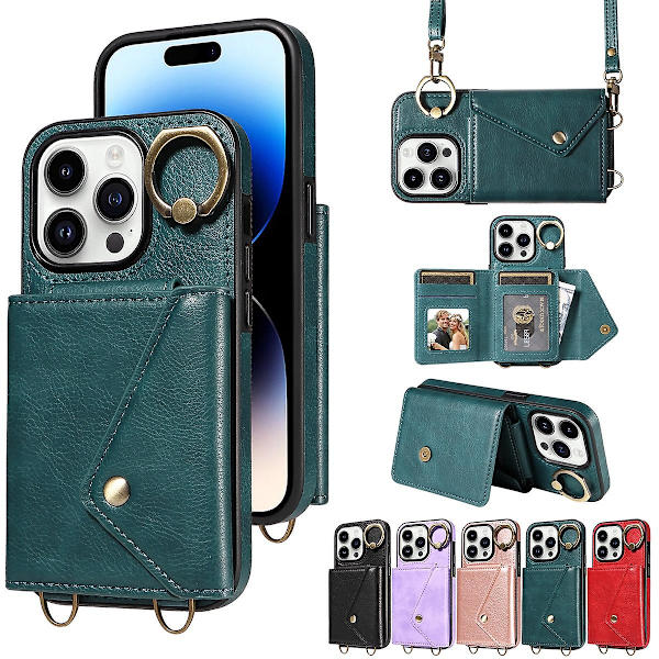 Plånboksfodral Kompatibelt med Iphone 15 Pro Max, PU Läder Stötsäkert Fodral med Axelrem, Ringhållare & Kortfack Green For iPhone 15 Pro Max