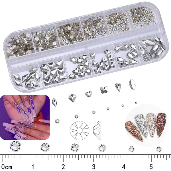 660 kpl Kirkkaita Valkoisia Kimaltelevia Bling 3D Strassikiviä Kynsitaiteeseen DIY Askarteluun Kiiltävä Litteä Takapuoli Lasikristallikivisetti Korut Kynsien Koristeluun (60 kpl Monimuotoisia)