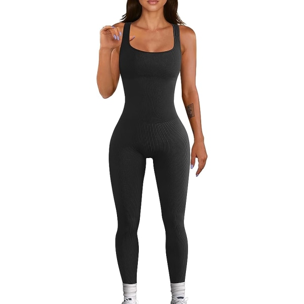 Yogaribbade linnen i ett stycke för kvinnor, ärmlösa träningsoveraller black XL