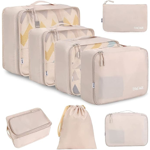 8 Set Packkuber Resväskor Packningsorganisatörer för Reseaccessoarer Cream