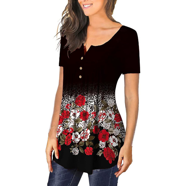 Dame Tunika Topper Ensfarget Plissert V-hals Knapper Bluse Blomstertrykte Damer Feather M