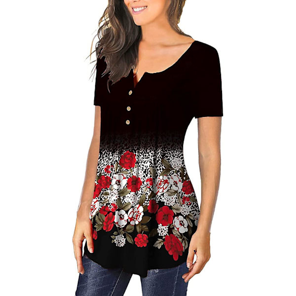 Dame Tunika Topper Ensfarget Plissert V-hals Knapper Bluse Blomstertrykte Damer White M