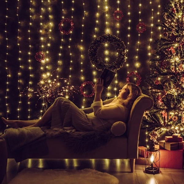 300 LED Vinduesgardin Lys, Fe Twinkle Lys med 8 Tilstande, USB Drevet Hængende Lys med Fjernbetjening til Jule Soveværelse 3M x 3M Warm White