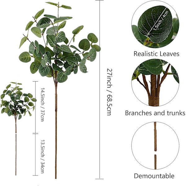 6 Bunter Kunstig Silke Eukalyptusstilker, demonterbar Sølv Dollar Eukalyptus Eucalyptus Stems