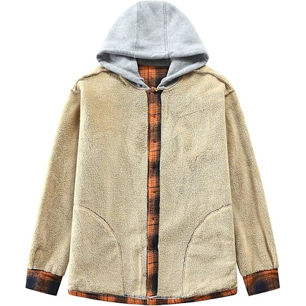 Rutete bomullsjakke for menn, fleeceforet flanellskjorte, Sherpa-jakke med knapper og hette for menn orange M