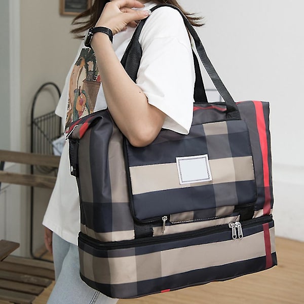 Reiseveske, duffelbag for reise, fargeblokkmønster, stor kapasitet, multifunksjonell og sammenleggbar Black