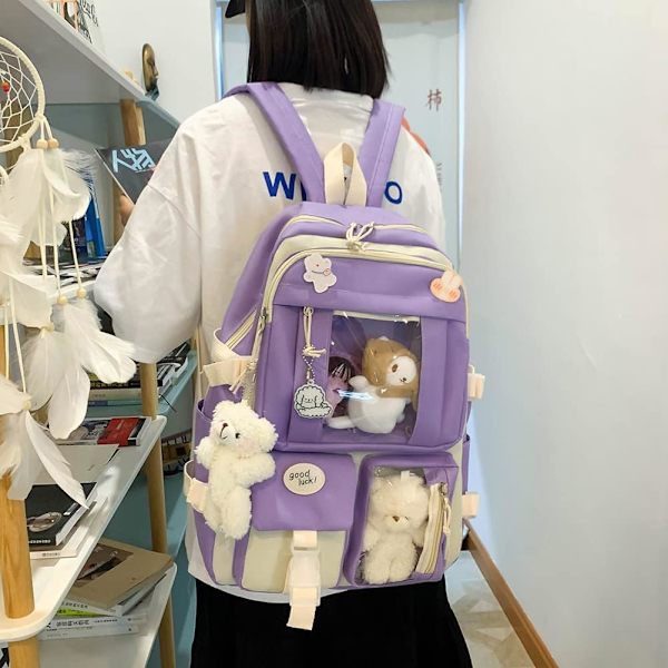 Canvas skolväska combo set, Kawaii tjej student skolväska lila
