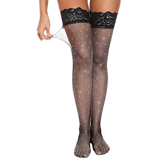 Anti-skli Silikon Blonde Silke Lårhøye Strømper for Kvinner Rhinestone Black One Size