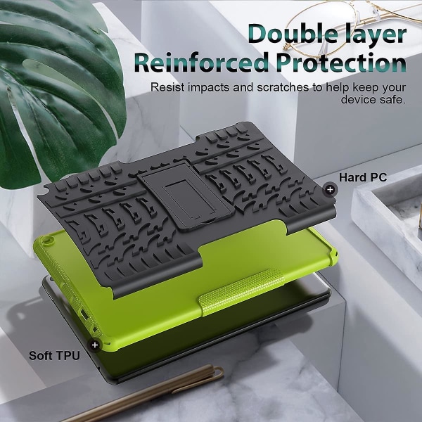 För FIRE Hd 10 Tablet Case 2021, Heavy Dual Dual Layer Stötsäker Slagtålighet Kickstand Case Kompatibel med Fire Hd 10 Case & 10 Green