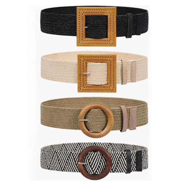 90cm 4-pack Halm Bälten för Kvinnor Klänningar Halm Vävd Elastisk Midjebälte Stretch Flätad Bred Midjebälte Bohemisk med Spänne