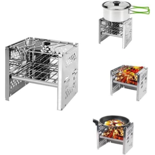 Camping Vedfyringsovn, Bærbar Rustfritt Stål Camping Bålplass, Sammenleggbar Multifuel Grill med Oppbevaringspose, BBQ Kullgrill for Matlaging Utendørs