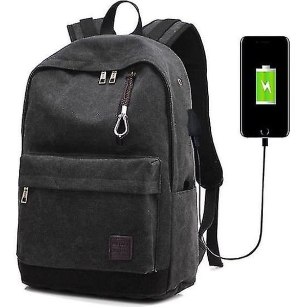 Canvas Ryggsäck Herr Casual Multifunktionell Ryggsäck Med Laddare Usb BLACK