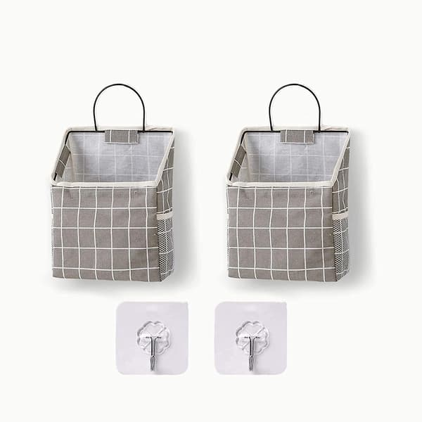 2-pack väggmonterad förvaringsväska för sovrum (grå rutig)