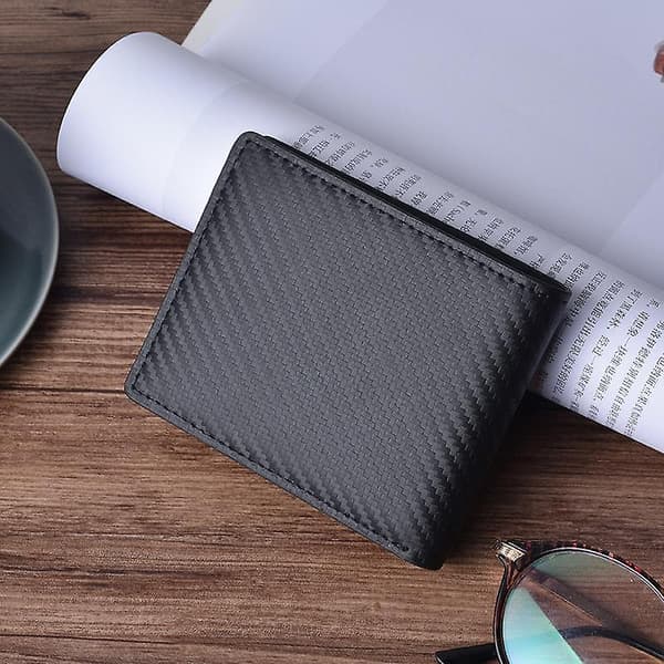 Plånbok i kolfiberstruktur med RFID-blockering för män, äkta läder, dubbelvikt