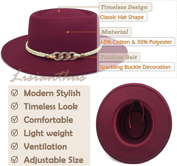 Dame Wide Brim Fedora Hat Med Bæltespænde Pork Pie Hat Red