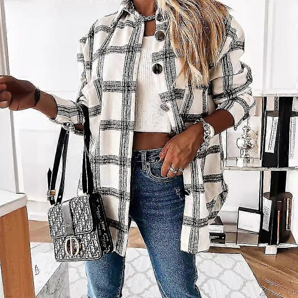 Rutete shacket-jakke for kvinner, langermet flanellskjorte med knapper White L