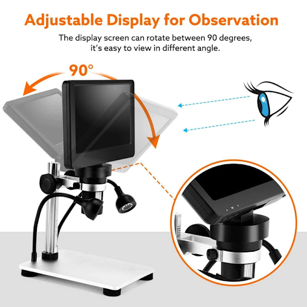 7\" LCD Digital Mikroskop 1200X, 1080P Videomikroskop med Metallstativ, 12MP Ultraprecis Fokus, LED-Fylljus, PC-visning, Windows/Mac OS