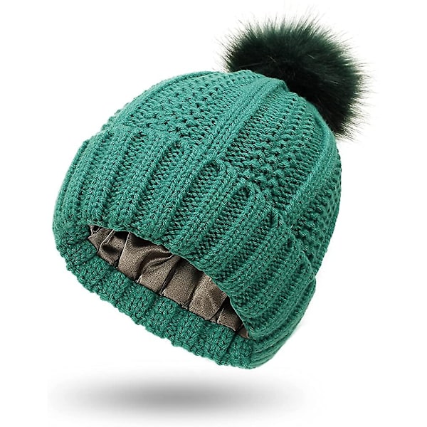 Stickad mössa för kvinnor med satin innerfoder Pom Pom vinter varm mössa Bobble Hat
