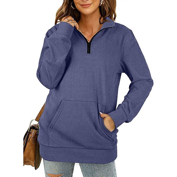 Kvinnor Långärmad Toppar Dam V-Ringning Sweatshirts Dragkedja Upp Tröjor Med Fickor