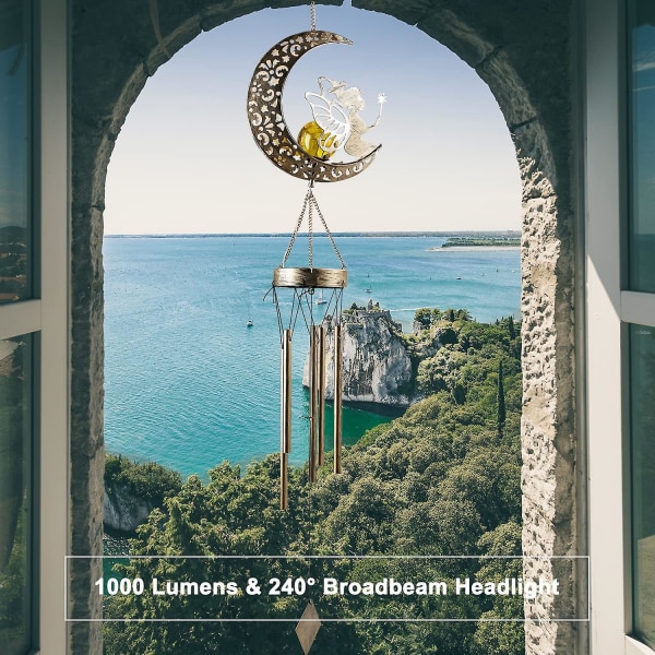 Solcelledrevet vindklokke for utendørs bruk, måne vindklokker utendørs engel fe hengende dekor med knust glasskule for terrasse plen hagearbeid, gaver til mor