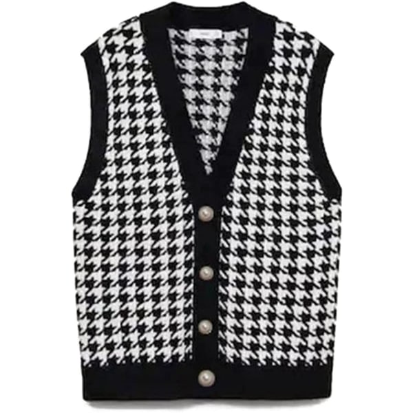 Strikket vest for kvinner, dame Houndstooth-gensere, løs V-hals strikket vest S