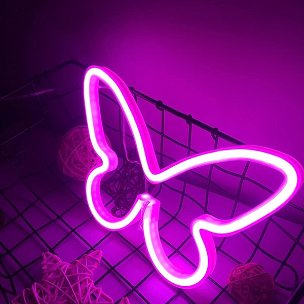 Neonljus för rosa rumsdekor, estetisk fjärils-LED-skylt för sovrumsvägg, sovsalsbord, neonljus för preppyrum, USB/batteridriven