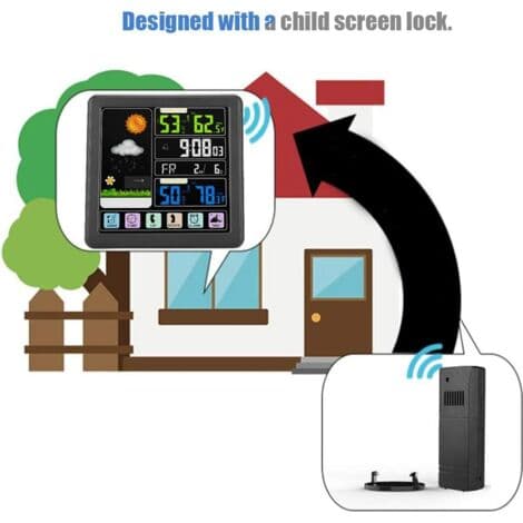 TS-3310 Trådløs Vejrstation, Indendørs/Udendørs Termometer med Touchscreen, Sensor, LCD-skærm, Smart Ur (Sort)