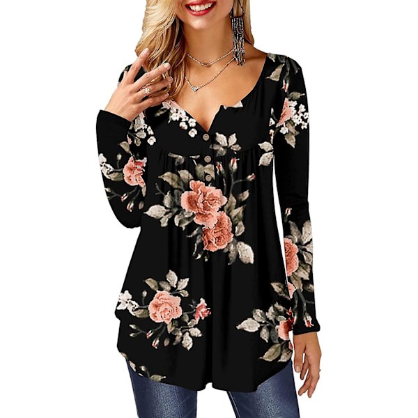 Damtröjor volang lös knapp upp tunika toppar för kvinnor Black D XL